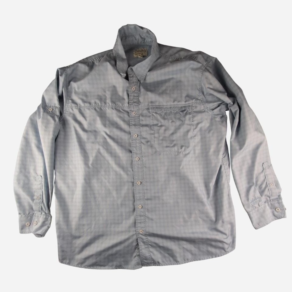 Cabela's‎ blue button up fishing shirt UPF 50 mesh pocket back vent Size 2XLT